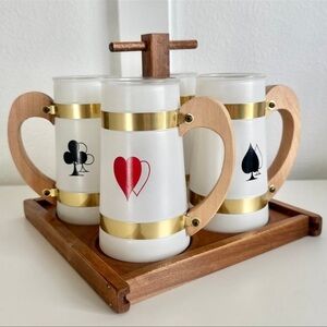 Siesta Ware Poker Heart Spade Mugs Set Wood Tray Caddy MCM Barware Frosted Club